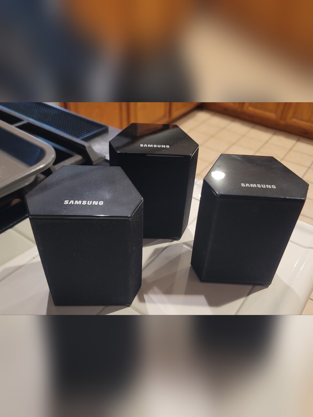 black Samsung PS-FS1-1 surround sound speakers